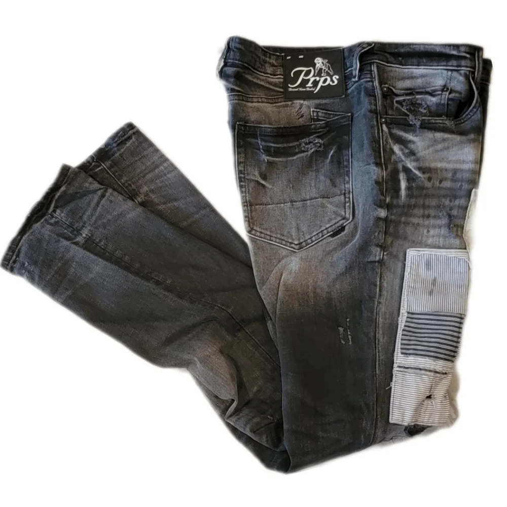 PRPS Le Sabre Stretch-Black Fade Destressed Parchwork Slim Fit Size 34